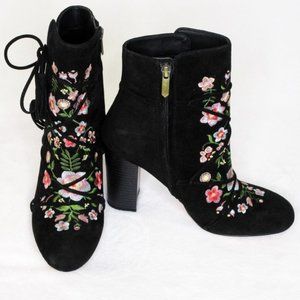 Sam Edelman Winnie Black Suede Floral Embroidered Boots 7.5